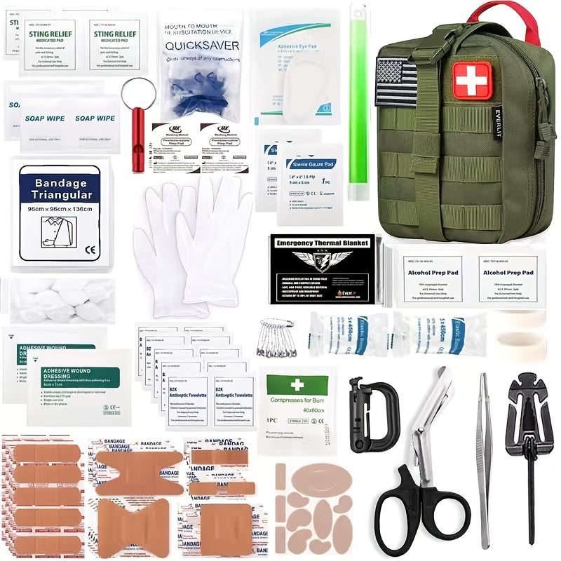 258-Piece Outdoor Survival Kit with Igniter Compass Multi-Tool Professional Camping Gear for Men Hiking Hunting Emergency Khaki Army Green Red Beige Camo