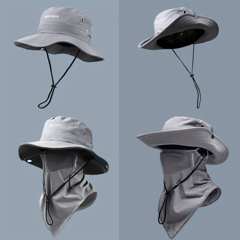 Wide Brim Sun Hat with Face Mask 2-Set UV Protection Foldable Fishing Hat, Breathable Drawstring Outdoor Cap for Beach, Fishing, Hiking & Outdoor Work, Unisex Men & Women, Black Gray Khaki