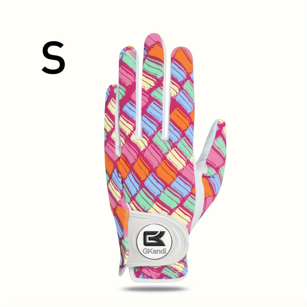 Women's Golf Gloves Left Hand with Ball Marker – All-Weather Grip Leather Golf Glove for Ladies Right-Handed Golfers, Colorful Design, Sizes S M L – Pink & Blue