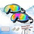 2 Pack HD Anti-Fog Swim Goggles – Leak-Proof Wide Vision, UV Protection Mirrored Lens, Comfortable Fit for Men Women Adults, with Earplugs Nose Clip Case & Waterproof Bag