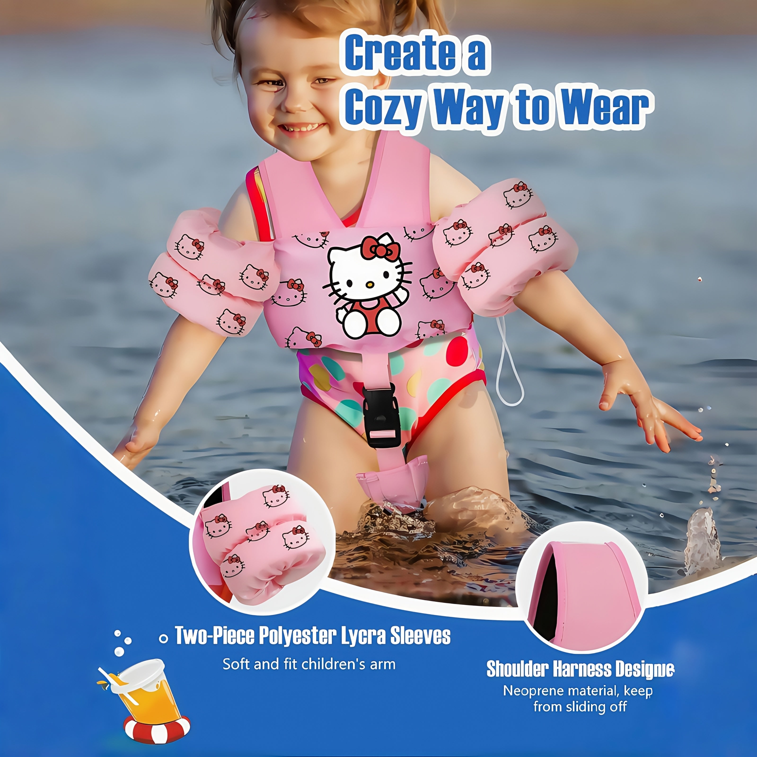 Toddler Swim Float Vest with Adjustable Straps - Sanrio Hello Kitty Pattern Kids Floating Jacket for Beginners Ages 1-9, Lightweight Water Safety Swim Aid for Boys Girls 20-66lbs, Pool Beach Lake