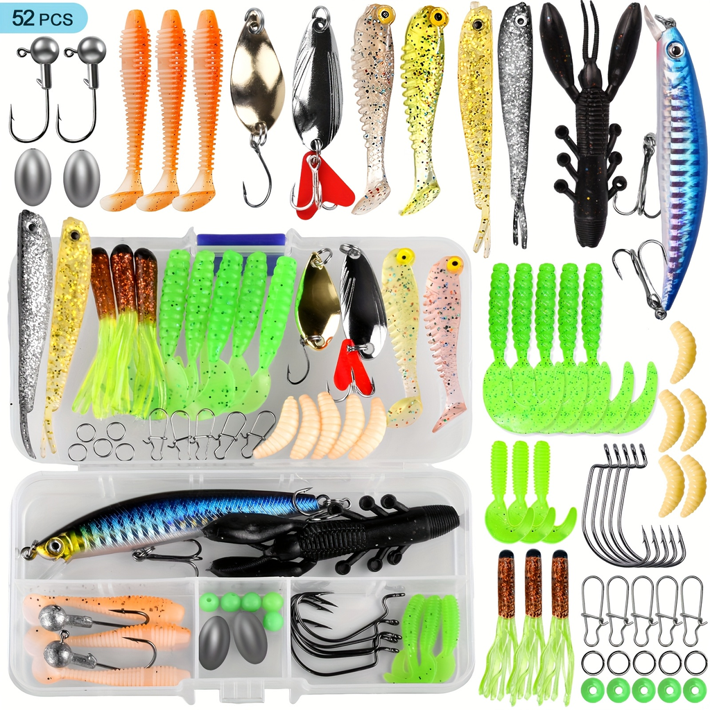 Fishing Lures Tackle Box Kit 52–360pcs – Animated Lures, Crankbaits, Spinnerbaits, Soft Plastic Worms & Topwater Lures for Bass, Trout, Salmon – Saltwater & Freshwater
