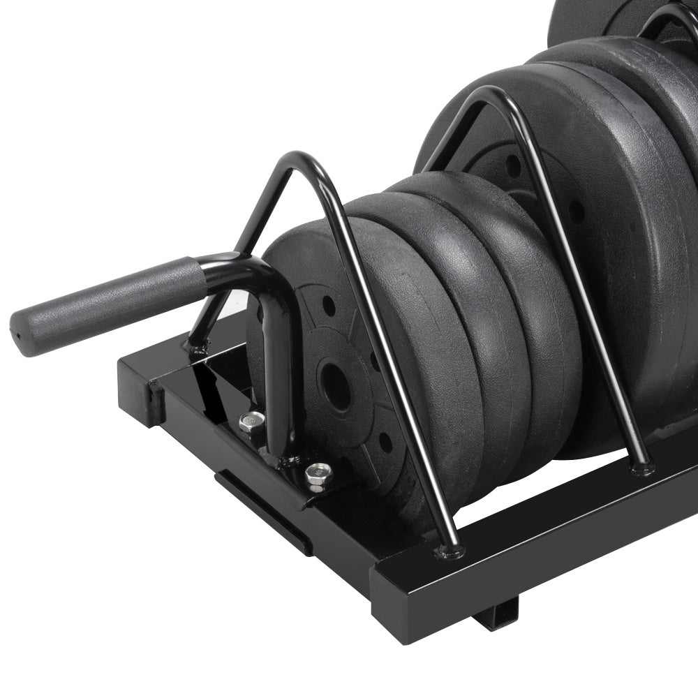 Barbell & Weight Plate Storage Rack with Wheels & Handle – 300 lb Capacity, 2 Barbell Holders, 4 Plate Slots, Powder Coated Steel for Home Gym & Garage Organization