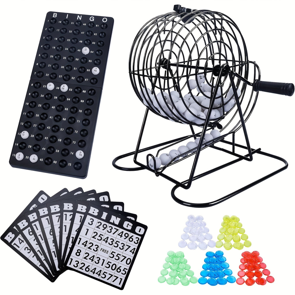 Deluxe Bingo Game Set with Stainless Steel Metal Cage | Includes Bingo Balls Cards & Colorful Chips | Classic Family Board Game for Game Nights Parties and Large Groups