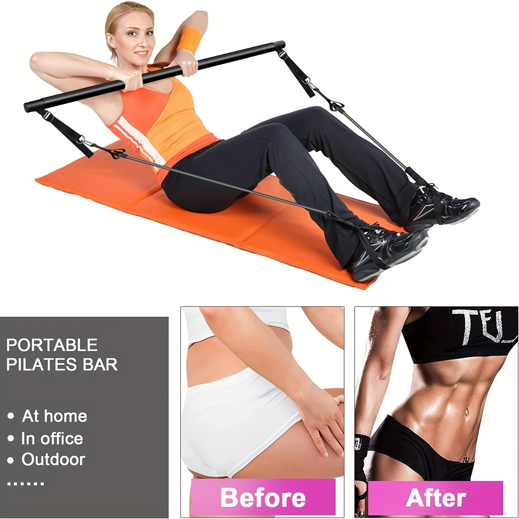 3-Section Pilates Bar Kit – 4 TPE Resistance Bands (40-50 lbs), 2 Ankle Straps & Storage Bag for Legs, Hips, Waist & Arm Yoga Stretching Fitness