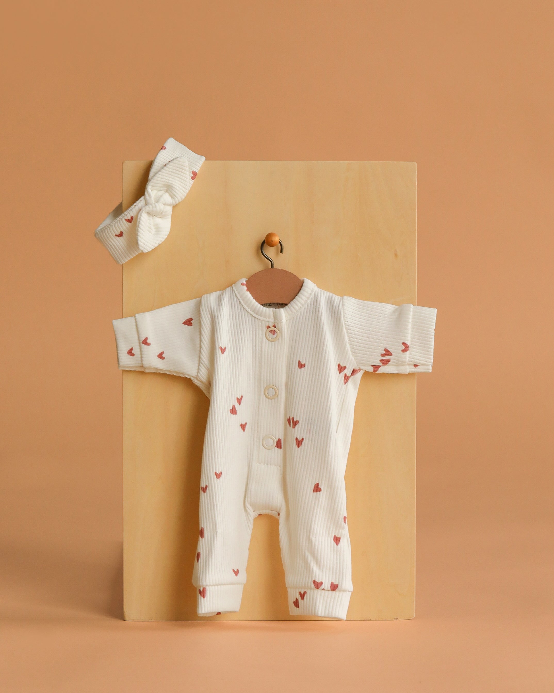 Minikane 11" Doll Clothing | Lili Jumpsuit & Headband in Ribbed Knit - Pink Hearts