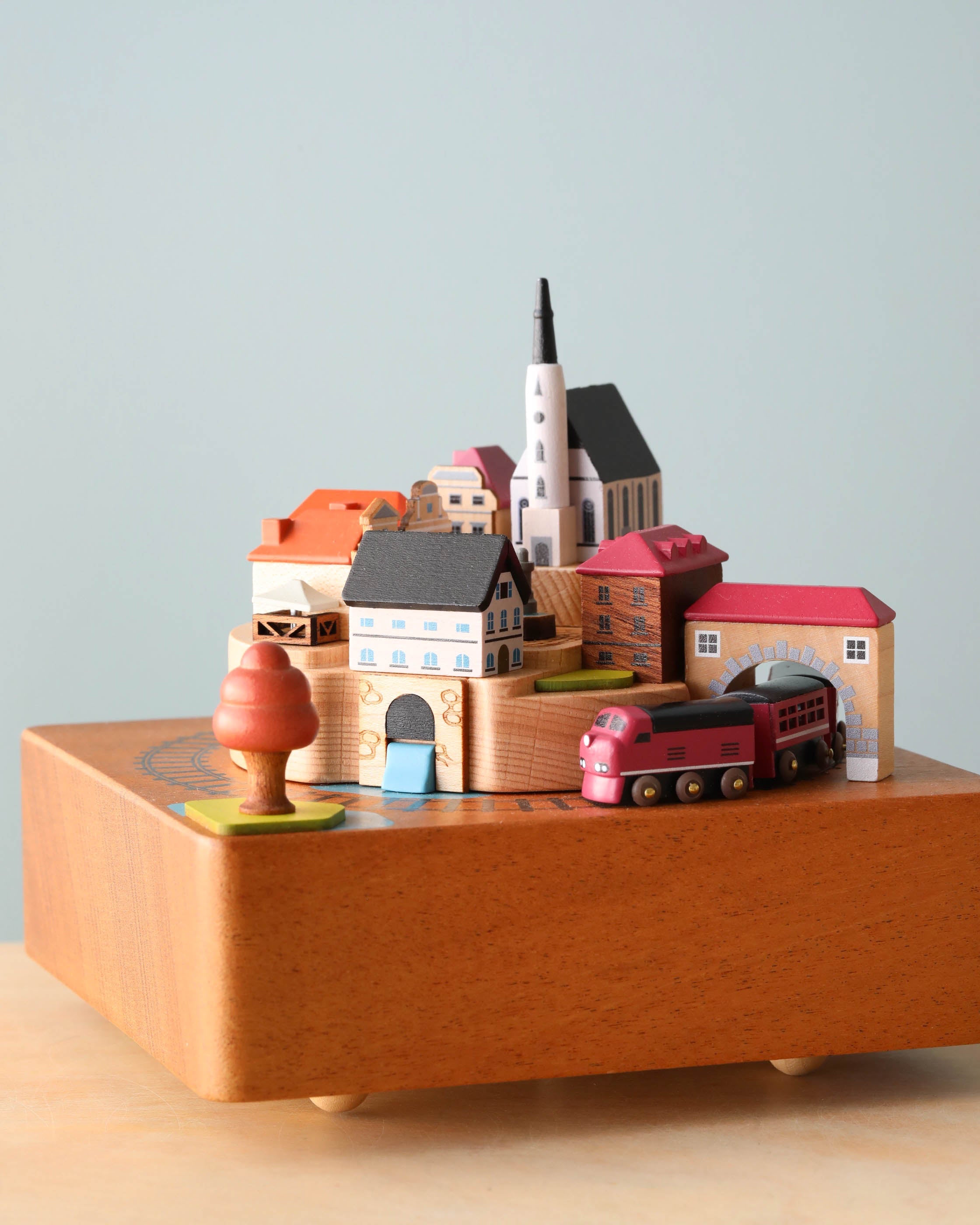 Wooden Train Music Box - European Town
