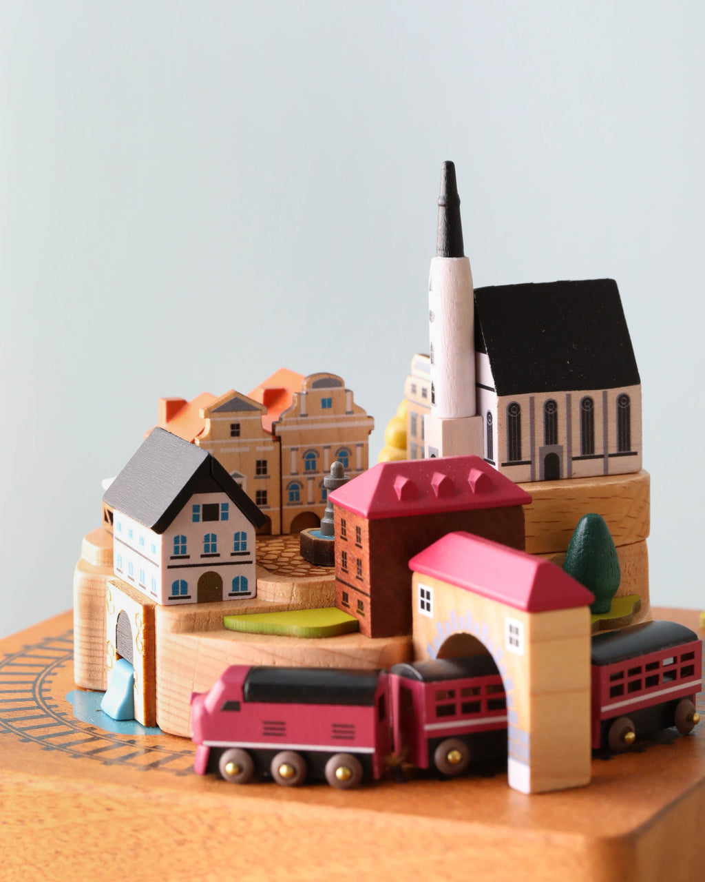 Wooden Train Music Box - European Town