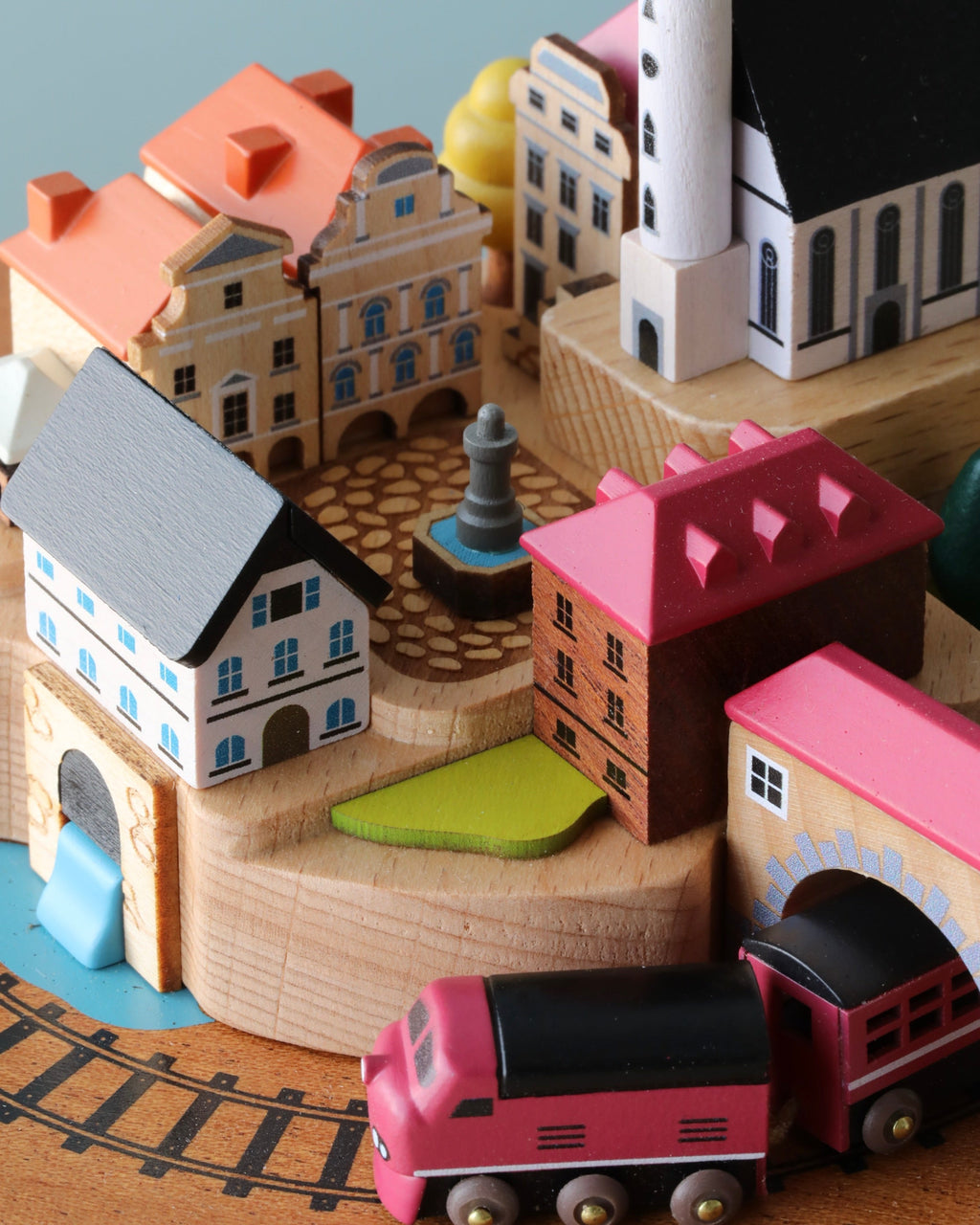 Wooden Train Music Box - European Town