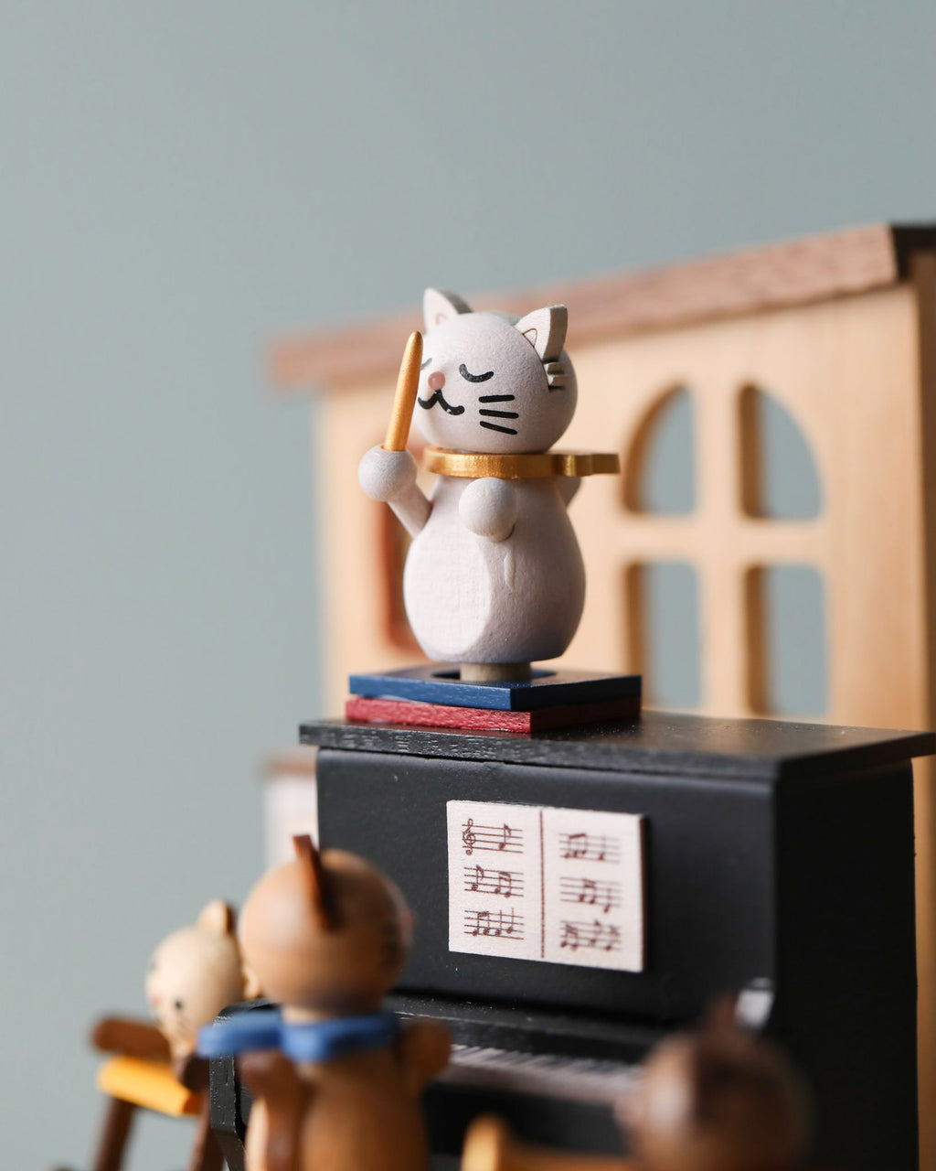 Wooden Cat Playing Piano Music Box