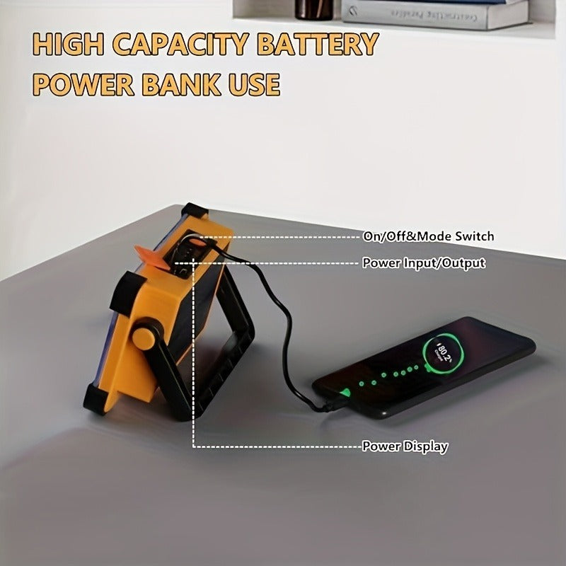 Solar Rechargeable LED Floodlight Flashlight, IP44 Waterproof 4500 Lumens Ultra-Bright Portable Camp Light, USB & Solar Dual Charging 2200mAh, 4 Modes Indoor Outdoor Lighting for Camping, Fishing & Car Maintenance
