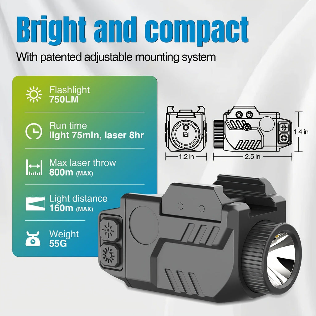 Handgun Light & Laser Combo - 750 Lumen Rechargeable Pistol Flashlight with Red/Green/Blue Laser Sight, Strobe Function, Picatinny Rail Mount for Tactical & Home Defense