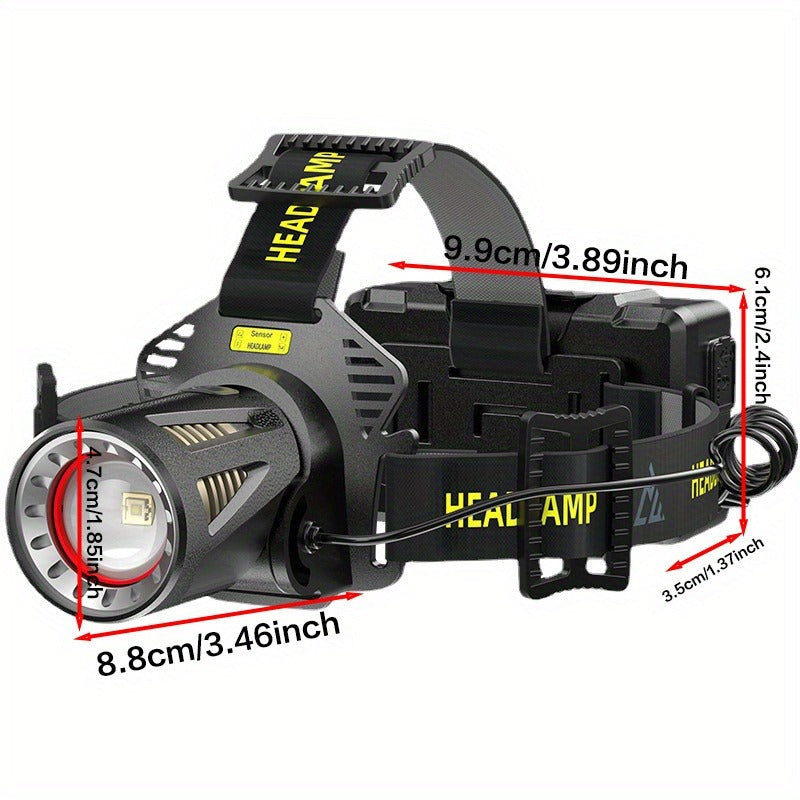XHP360 Rechargeable Headlamp 3 Modes Sensor 90° Tilt Power Bank Type-C 3x18650 Zoomable Head Torch for Fishing Camping Hiking