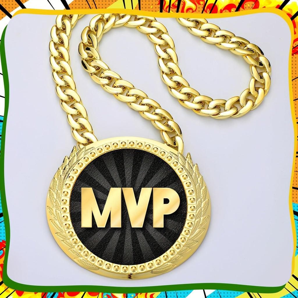 MVP Championship Turnover Chain Medal – 6 Inch Big Golden Champ Award Necklace for Baseball Basketball Football Soccer Softball Volleyball Sports Competitions, Party Favors & Prize Gifts