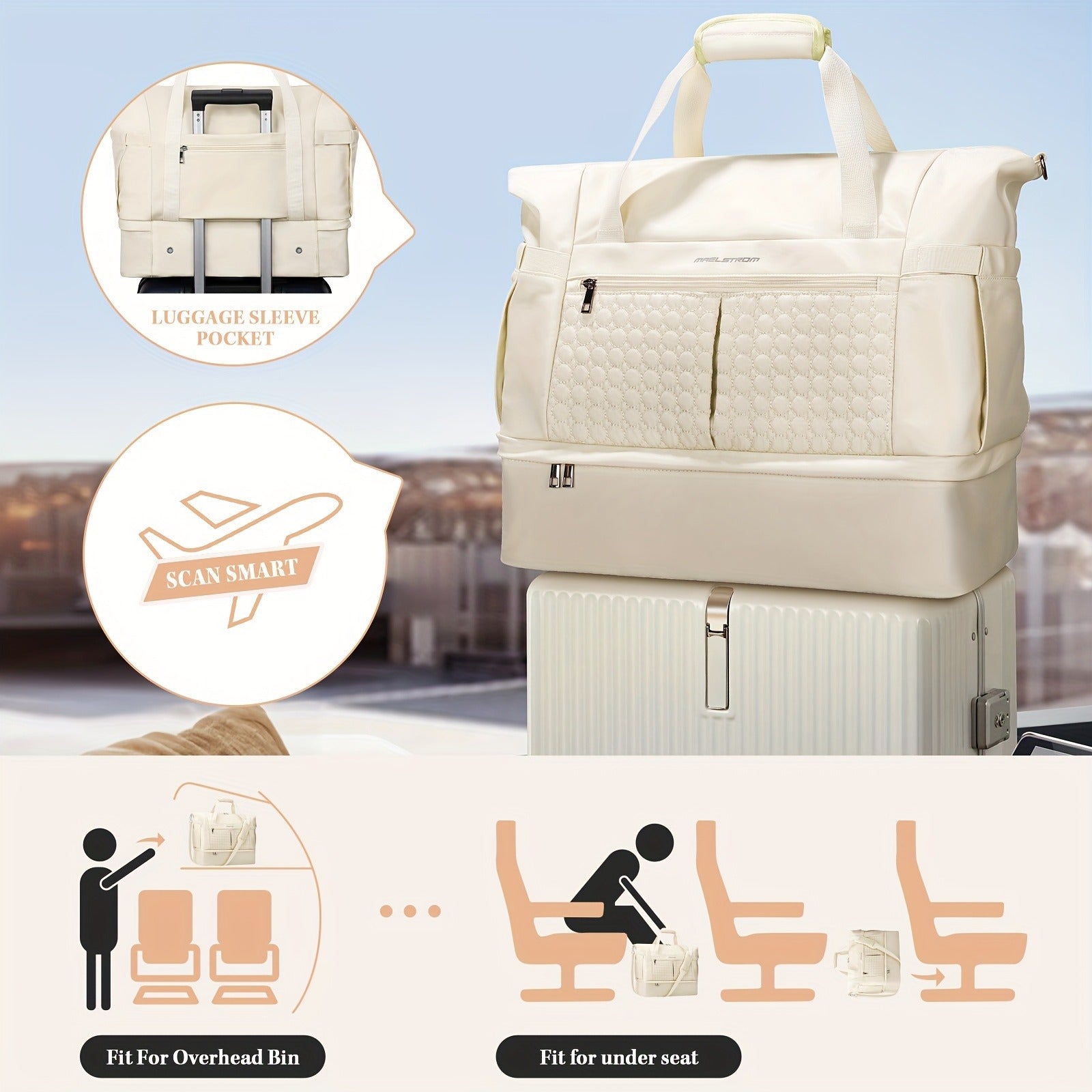 Gym Bag Women 40L Duffel Bag with Shoe Compartment Wet Pocket Polyamide Weekender Travel Tote for Gym Yoga Swimming Hospital Sports Beige