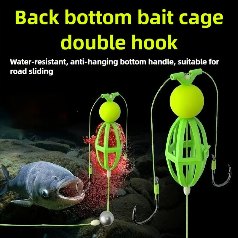 Fishing Hook Cage Set 3pcs Anti-Snag Double Hook Rig with Non-Twist Explosive & Flip Hooks – Carbon Steel Green Lure Fishing Bottom Hanging Prevention, Size 10# & 12#, Great Father's Day Gift