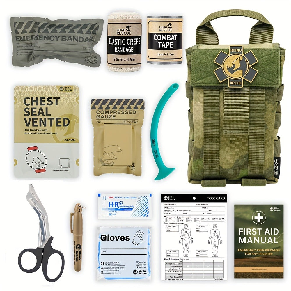 Tactical IFAK First Aid Kit with MOLLE Quick Release – Includes Tourniquet Bandage Chest Seal for Severe Bleeding Control, Nylon Trauma Bag for Hunting Camping Survival Emergency, Green & Black