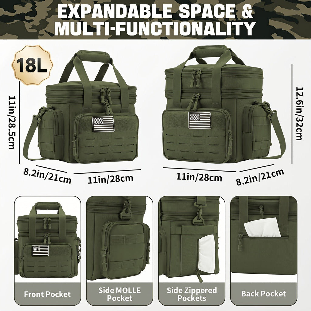 Tactical Insulated Cooler Lunch Box with MOLLE Webbing – Expandable & Leakproof, 3.7 Gal or 18L, for Hunting, Camping, Work & Outdoor Picnics – Black, Green or Khaki