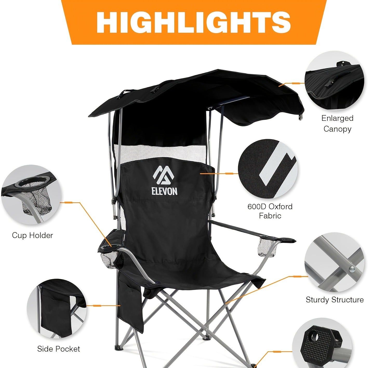 Folding Camping Chair with Sunshade Canopy, Heavy Duty Portable Outdoor Chair with Armrests Cup Holder & Carry Bag for Beach Fishing Picnic Sports
