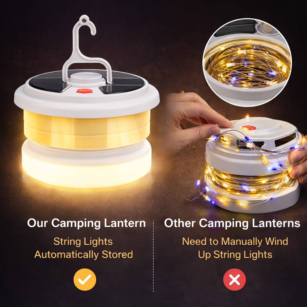 Solar Camping Lantern with Retractable String Lights – 2-in-1 LED Tent Light, 6 Modes, USB-C & Solar Rechargeable, Hand Crank, 10M String Lights, Portable Outdoor Camping Light for Camping, Patio & Emergency