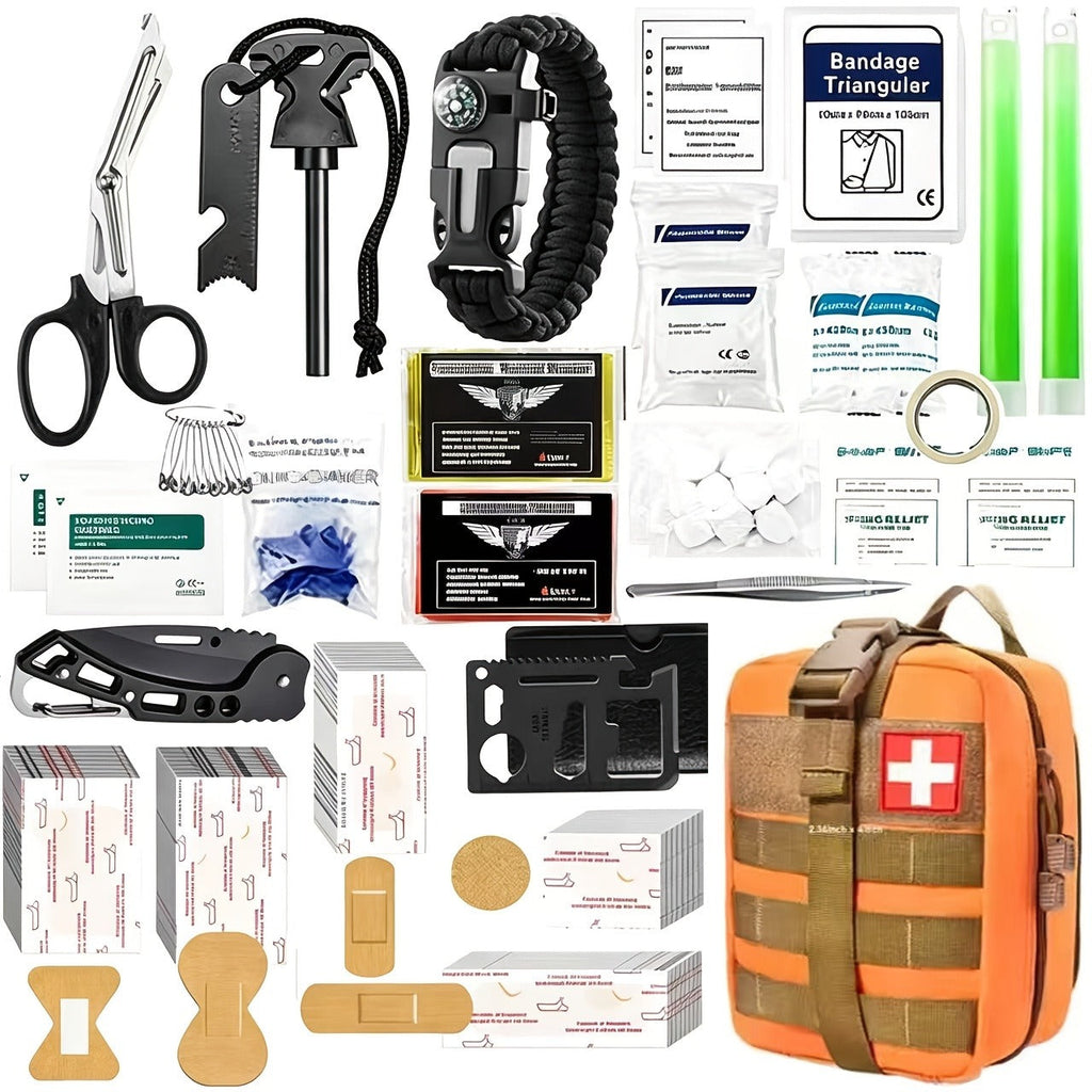 217 Piece Survival Kit with First Aid Kit & Molle Storage Bag - Emergency Gear Set for Camping, Hiking, Outdoor Adventure, Home & Office, Perfect Gift for Men, Dad, Husband, Son - Orange Green Khaki Black Red Camouflage
