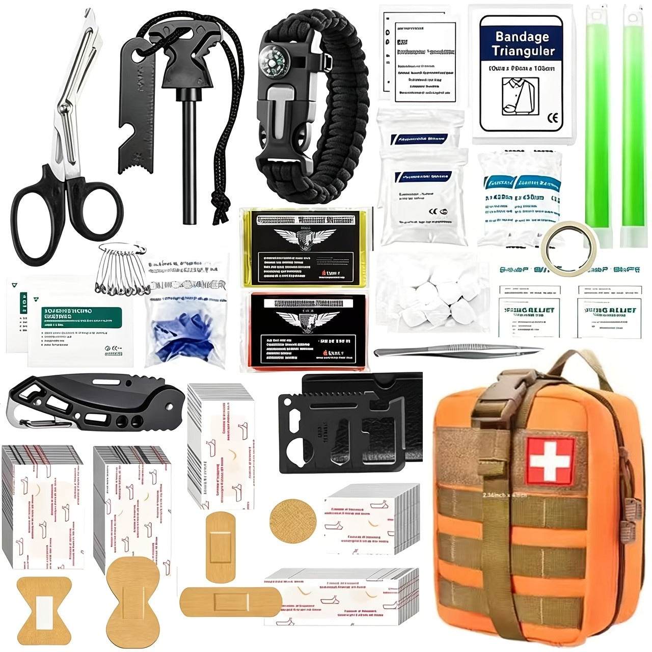 217 Piece Survival Kit with First Aid Kit & Molle Storage Bag - Emergency Gear Set for Camping, Hiking, Outdoor Adventure, Home & Office, Perfect Gift for Men, Dad, Husband, Son - Orange Green Khaki Black Red Camouflage
