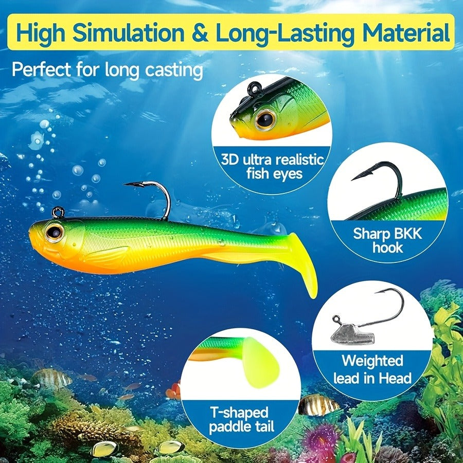 Paddle Tail Soft Bait 6pcs Pre-Rigged Jig Head Lure for Sea Bass Trout Fishing – Saltwater & Freshwater Swimbait Sinking Soft Plastic Fishing Lure Set