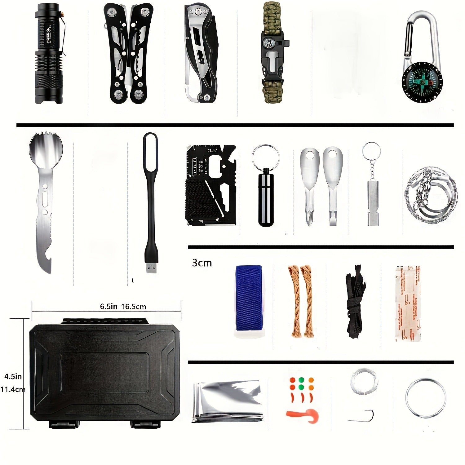Wilderness Survival Kit, 12/20/60 Piece Outdoor Emergency Gear Set with Paracord Bracelet, Survival Whistle, Flashlight, Wire Saw & More – Ideal for Hunting, Hiking, Fishing & Camping