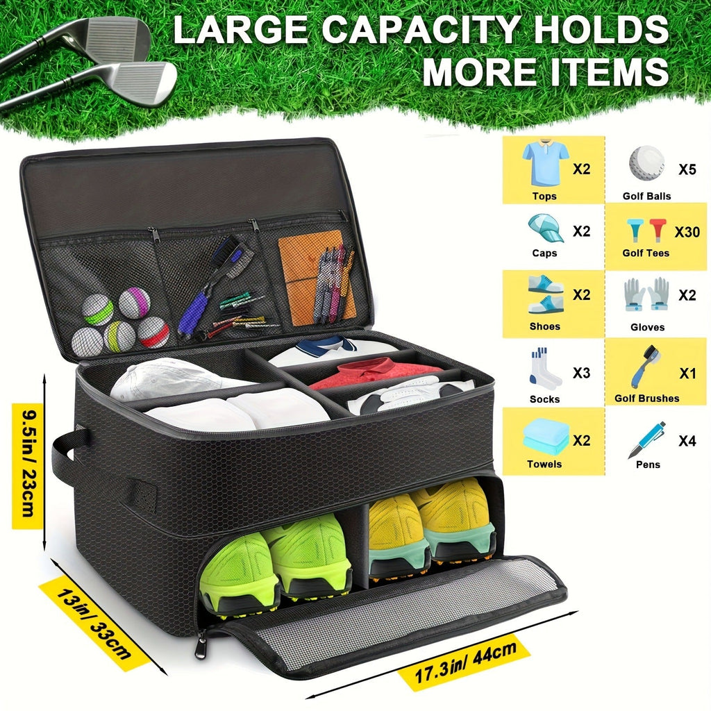 Golf Organizer Storage Box with Compartments and Mesh Pockets Durable Golf Accessory Case for Golf Balls Shoes Gloves Tees and Essentials