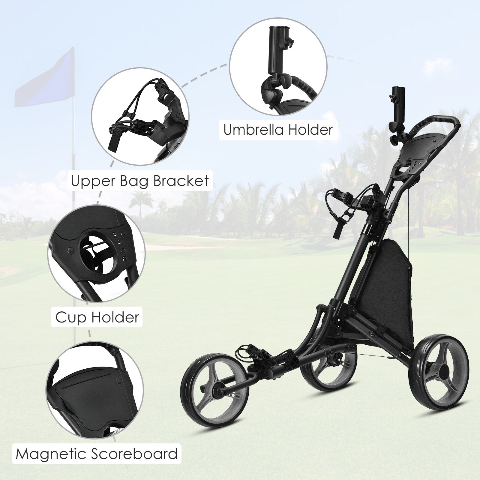 3-Wheel Folding Golf Push Cart Lightweight Aluminum Golf Trolley with Cup Holder Umbrella Holder Scoreboard Storage Bag Foot Brake Adjustable Handle for Golf Clubs