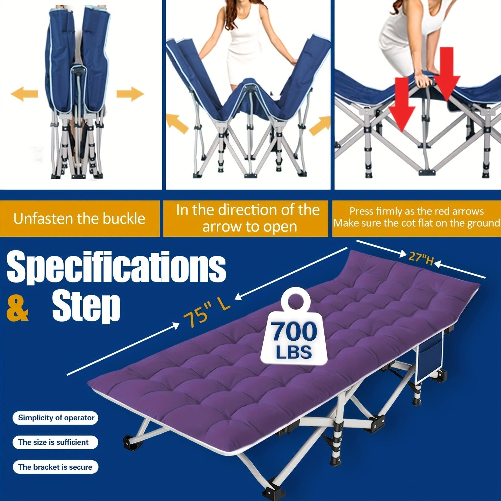Folding Camping Cot with Mattress – XXL Heavy Duty Portable Sleeping Bed with Carry Bag, 700–900 lbs Capacity, 36×80 Inch Pad, Guest Bed for Adults, Easy Setup for Outdoor Camping Travel Backpacking