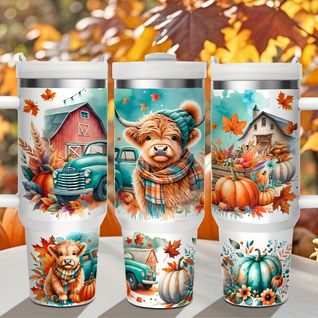 Stainless Steel Insulated Tumbler With Lid and Straw, 40oz & 16oz Highland Cow Thanksgiving Water Bottle With Handle, Keeps Cold 24 Hours Hot 12 Hours, Portable Travel Cup for Car Home Office Birthday Gift