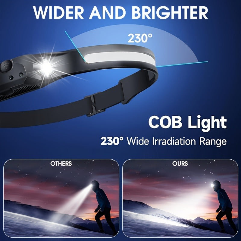 Motion Sensor COB Headlamp 3 Pack + 6 Hooks, 230° Wide Beam Rechargeable LED Head Lamp, 5 Modes COB & LED Headlamps for Adults, Hard Hat Headlight, Headband Flashlight for Camping, Work & Hiking