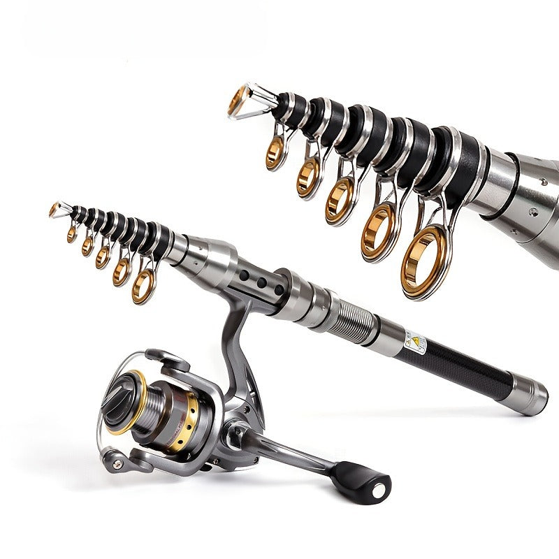 Telescopic Fishing Rod & Reel Combo – Carbon Fiber Collapsible Fishing Pole Full Kit with Carrier Bag for Travel Saltwater Freshwater Fishing, 6.89ft & 7.87ft, Silver & Gold