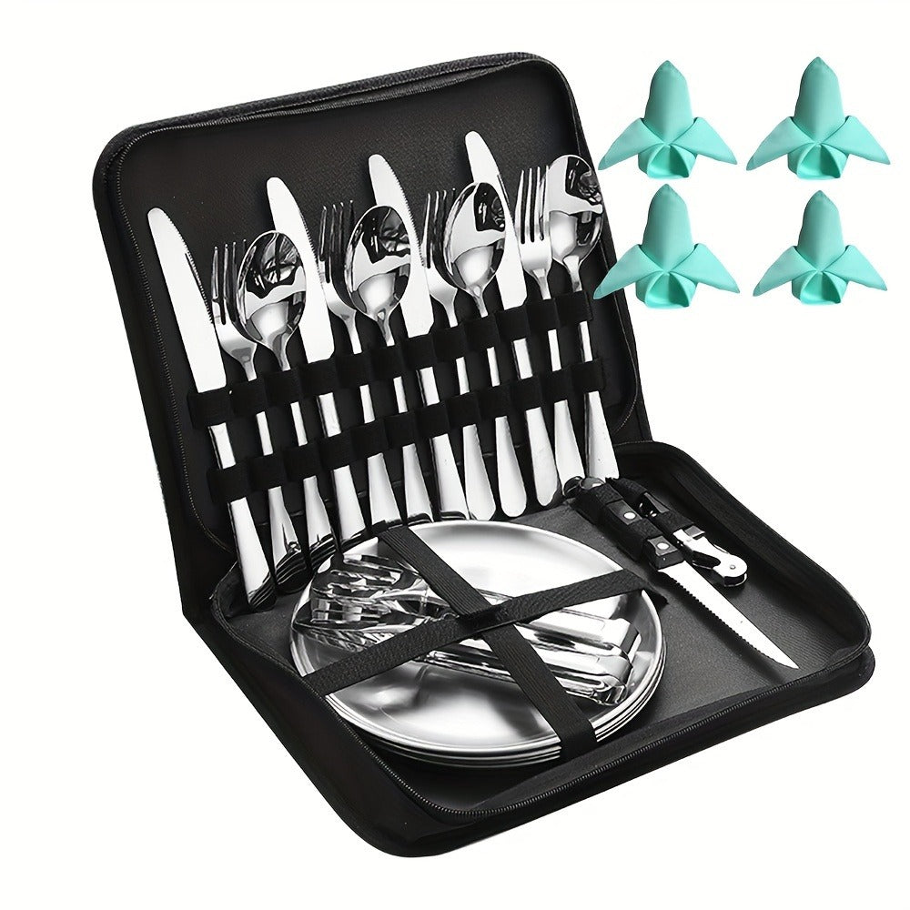 Camping Mess Kit 24pcs Stainless Steel Cutlery Set for 4 – Plates, Spoons, Forks, Serrated Knives & Cloth Napkins – Portable Dinnerware for Backpacking, Hiking & Picnic
