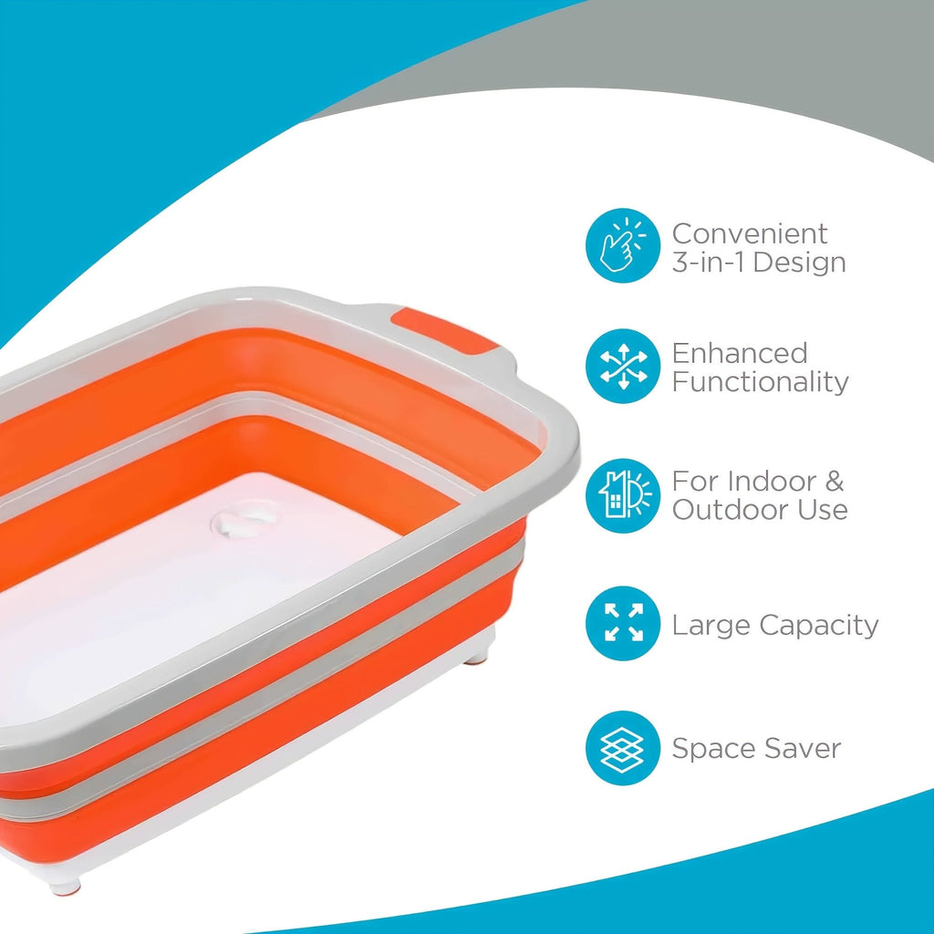 Collapsible BBQ Prep Caddy with Cutting Board & Lid - 3-in-1 Foldable Grill Preparation Tub, Food-Safe Plastic, Washing Basket & Marination Container - Orange