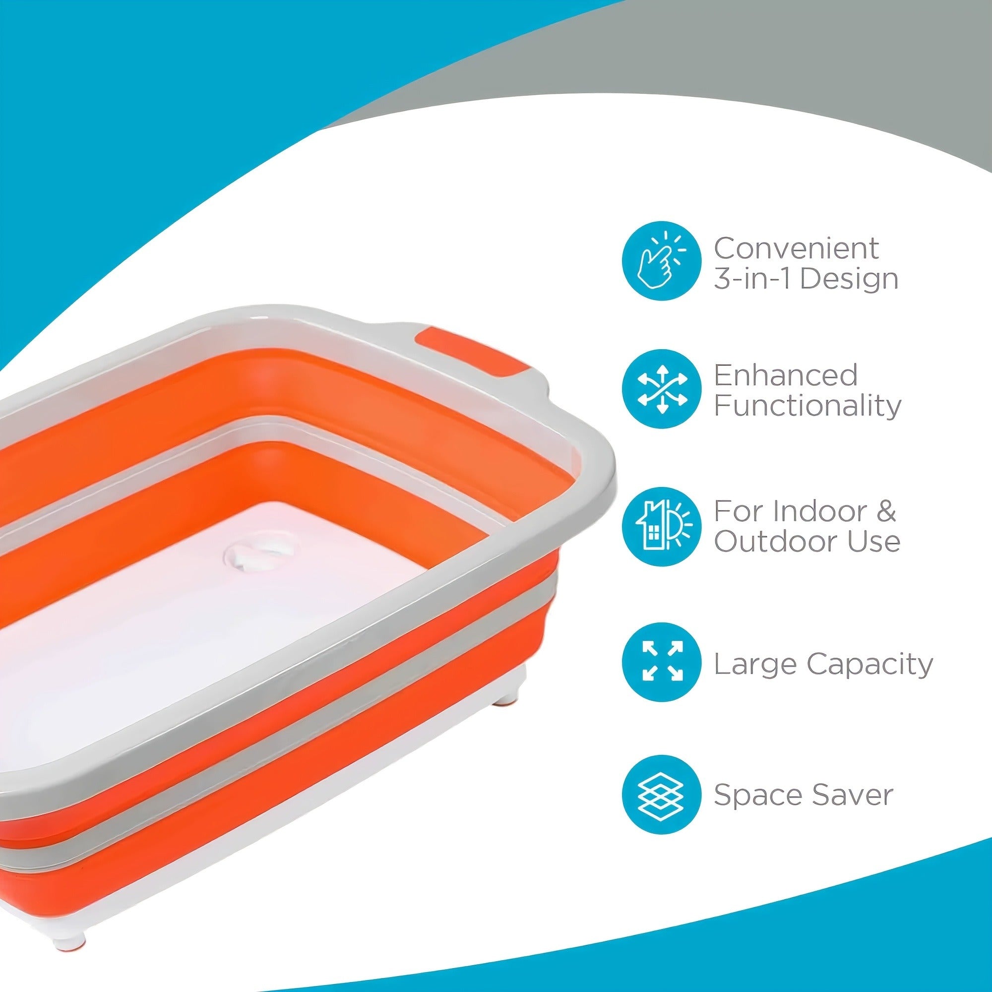 Collapsible BBQ Prep Caddy with Cutting Board & Lid - 3-in-1 Foldable Grill Preparation Tub, Food-Safe Plastic, Washing Basket & Marination Container - Orange