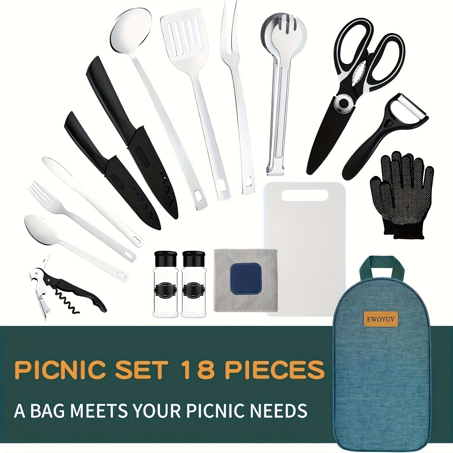Camping Cookware Set Outdoor Kitchen Cooking Kit – Essential Camp Gear for Barbecue, Meal Prep & Outdoor Cooking at Campsites & Parks – 3 Colors: Green, Black, Cyan
