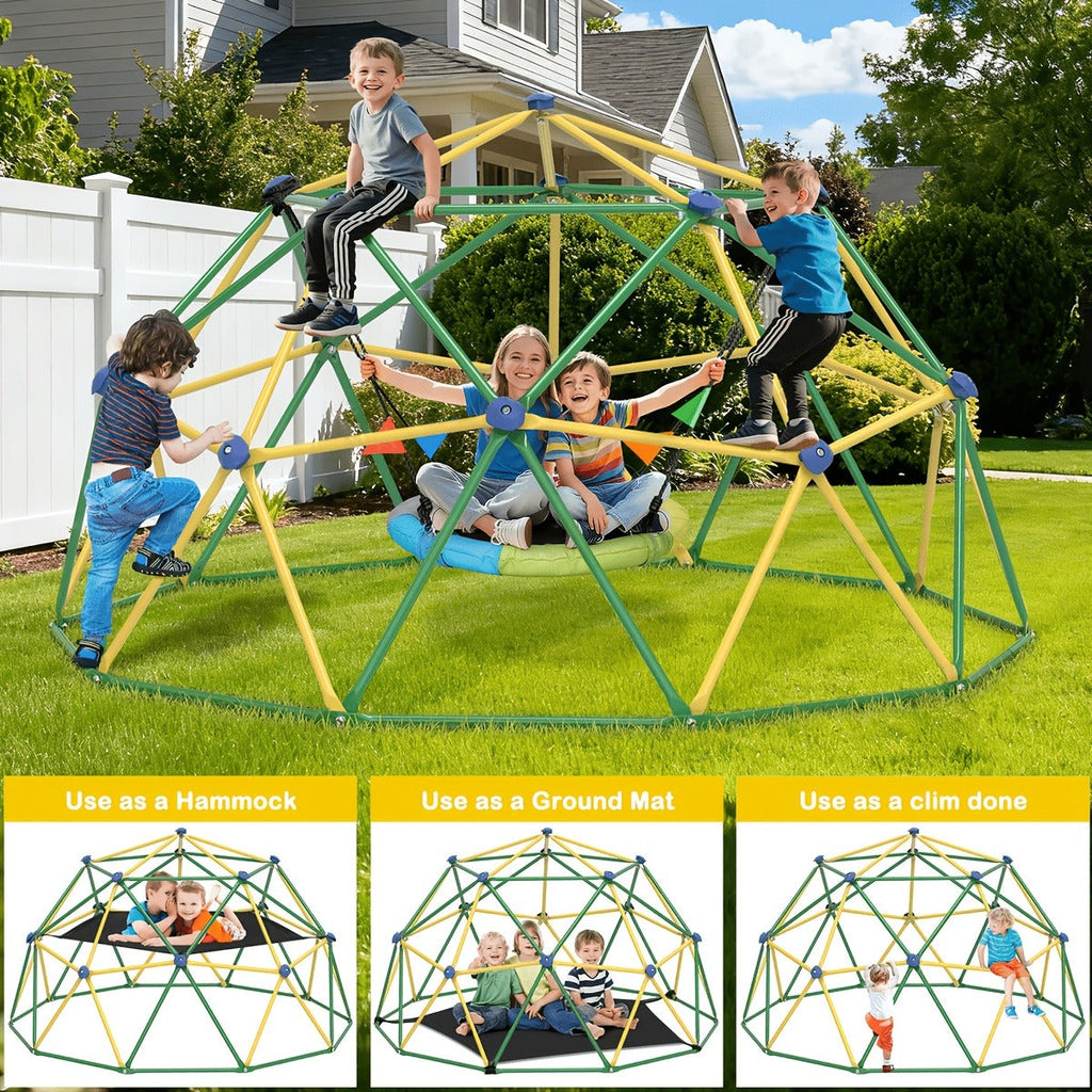 10FT Kids Climbing Dome with Hammock Swing Disc Swing Backyard Jungle Gym Steel Frame Outdoor Play Equipment 1000 LBS Capacity Gift for Boys Girls Ages 3-10
