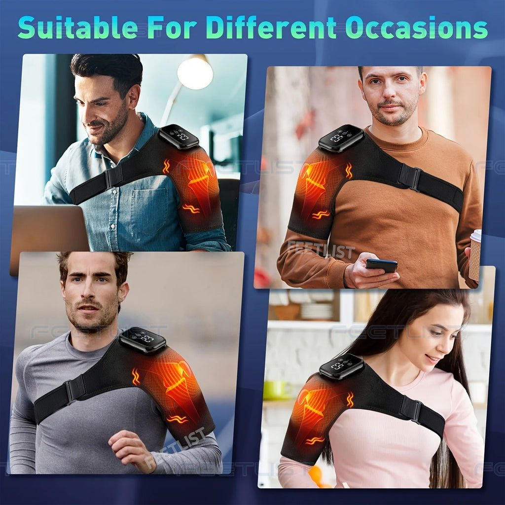 Cordless Heated Shoulder Massager with Vibration – 3 Heat Levels & 3 Vibration Intensities Electric Heating Pad for Shoulder, Elbow & Knee Pain Relief, LED Touch Screen, USB & Battery Powered