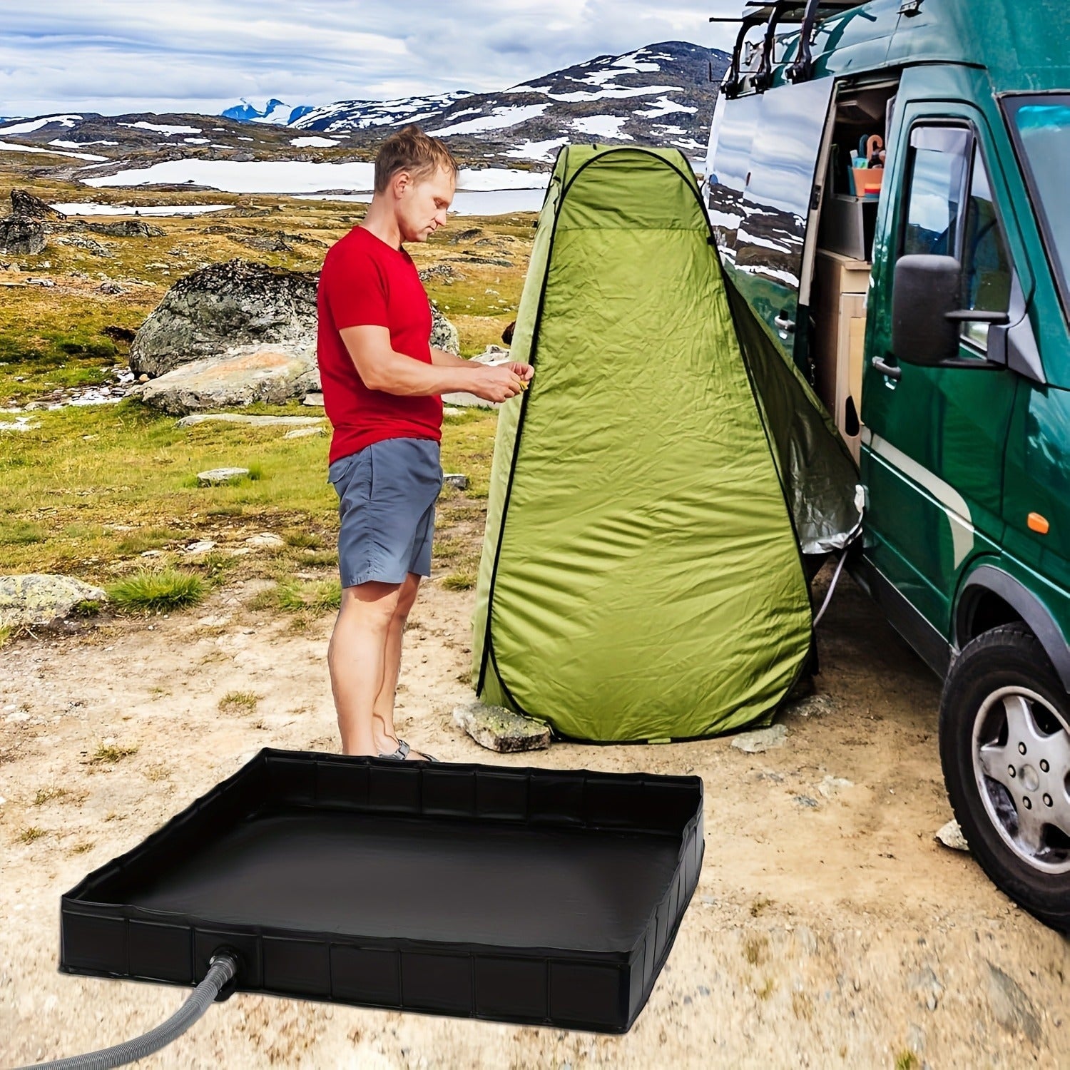 Foldable Shower Base 41"x41" Portable Shower Pan with Drain Pipe – Collapsible Shower Basin for Camping Tent, Indoor & Outdoor Use, Black – Includes Back Scrubber