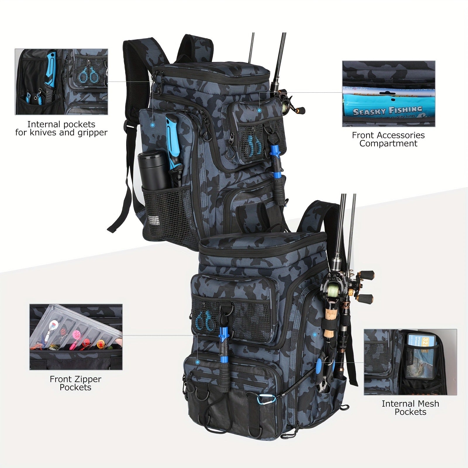Waterproof Fishing Rod Backpack 42L – Built-In Rod Tube, 16 Pockets & Insulated Cooler Option | Black, Camo, Khaki, Gray