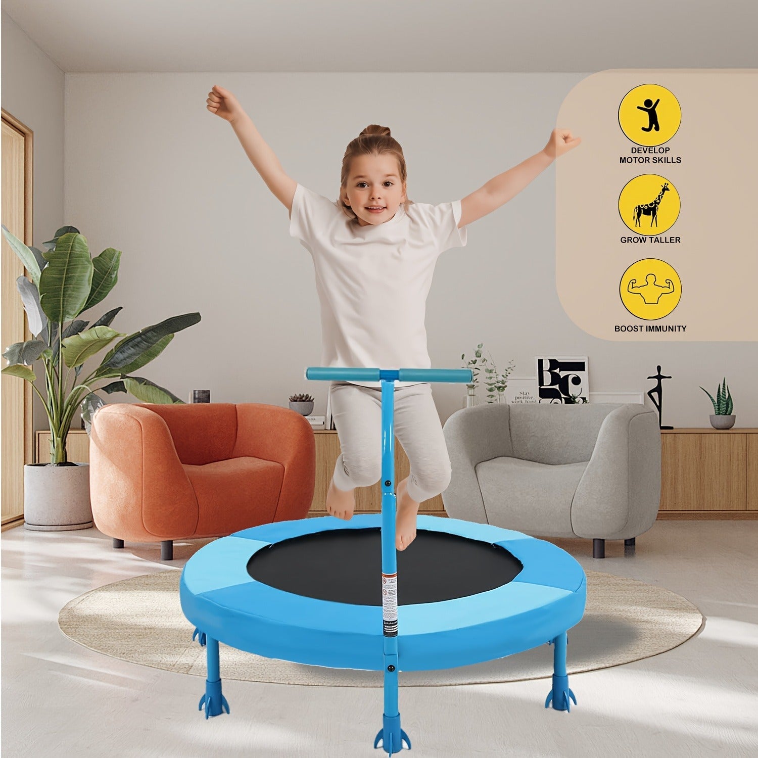 36 Inch Kids Indoor Trampoline with Handle - 7-Leg Safety Design, 2.0mm Steel Frame, 28 Coil Springs, Non-Slip Feet, PP Jump Mat, Compact Mini Toddler Trampoline for Home Bedroom Playroom Exercise