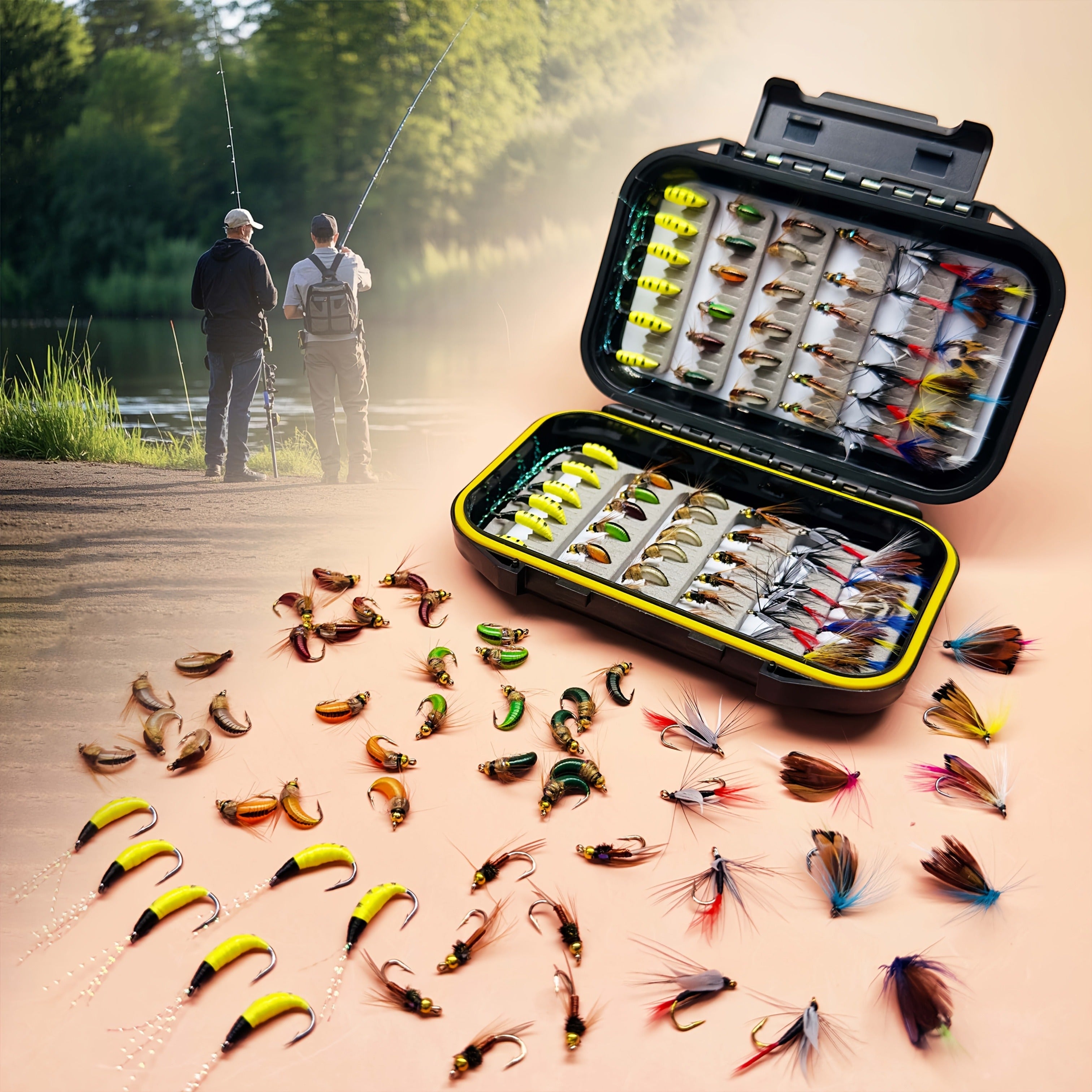 Fly Fishing Lures 72pcs Dry & Wet Flies Assortment with Fly Box - Hand-Tied 6 Patterns for Trout, Bass & Salmon, Biomimetic Bait, Fisherman Gift