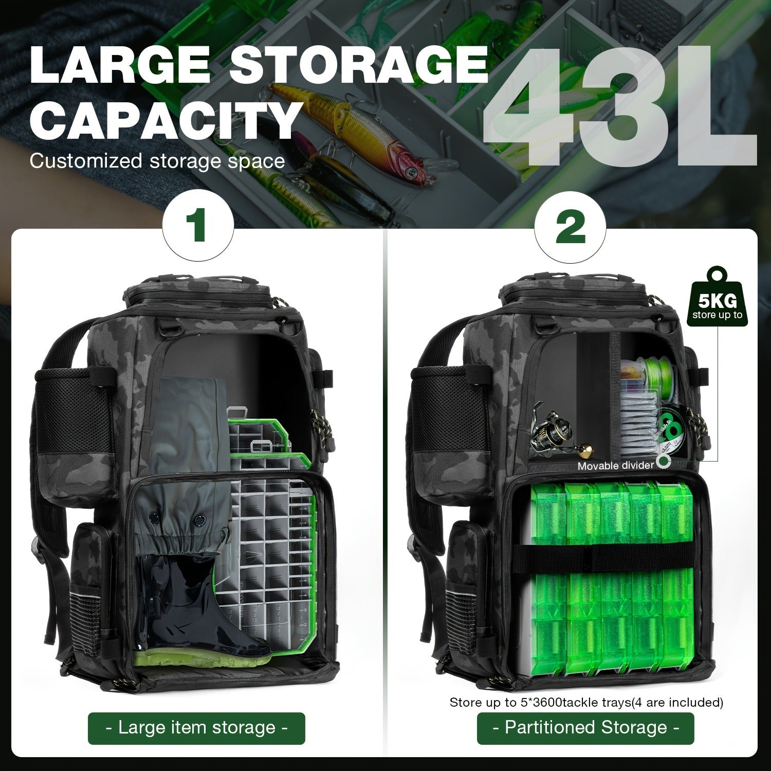 Large Fishing Tackle Bag with 4 Tackle Boxes – 43L Backpack with Rod Holder, Detachable Waist Pack & Gear Storage for Men Women | Black, Khaki & Camo