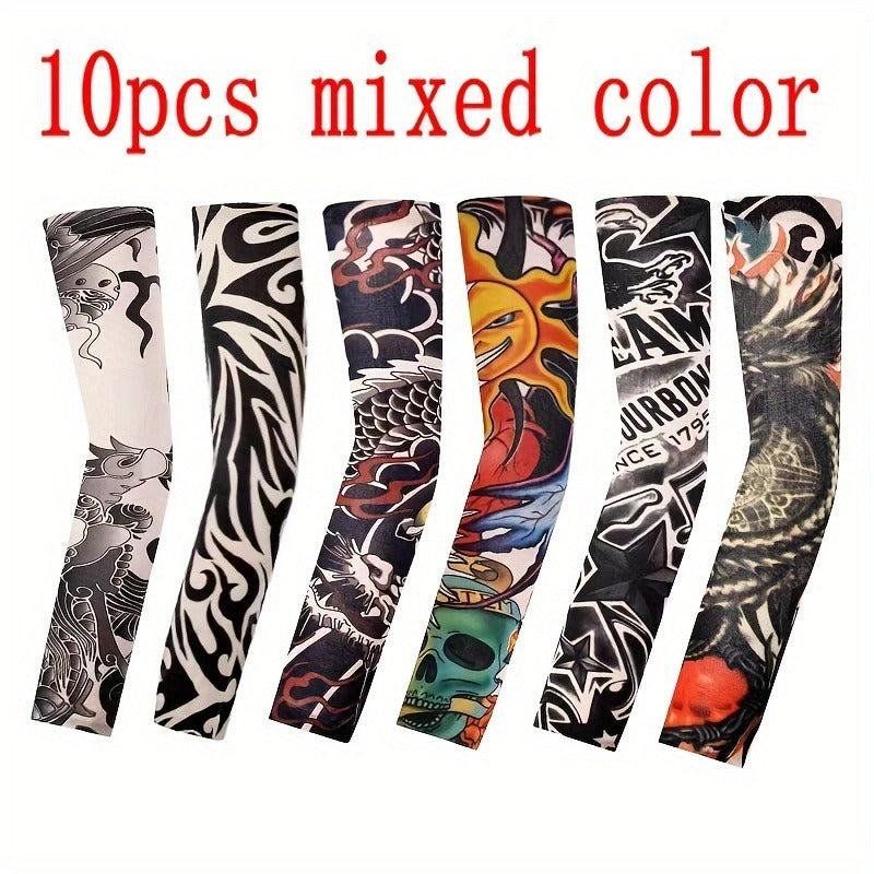 Tattoo Arm Sleeves UV Protection Cooling Sun Sleeves 10pcs Mixed Color, Soft Elastic Compression Arm Cover for Cycling, Driving & Outdoor Sports, Halloween Party Costume Sleeves for Men & Women