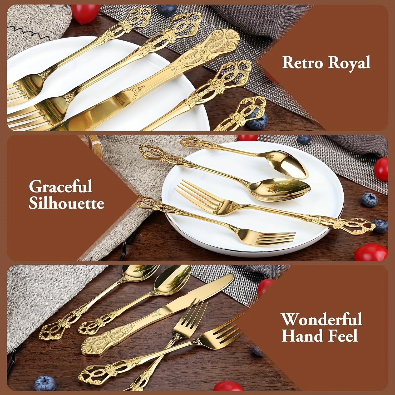 Stainless Steel Flatware Set – Vintage Royal Golden & Silver Silverware Set for 6, Rust-Resistant Dishwasher Safe Cutlery with Forks, Spoons & Knives – Available in 30 / 48 / 60 / 84 Piece Sets