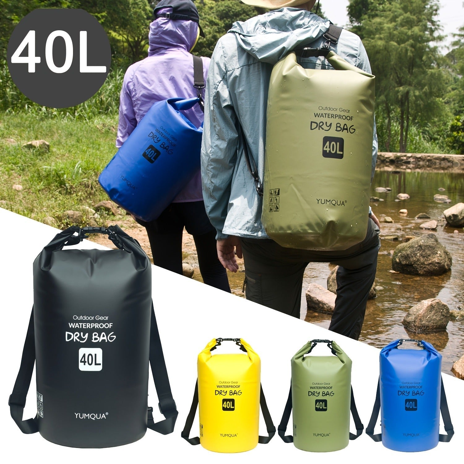 Waterproof Dry Bag Backpack 40L Roll Top Lock Closure PVC Floating Storage Bag for Kayaking Boating Swimming Hiking Camping Fishing Black Army Green Blue Yellow