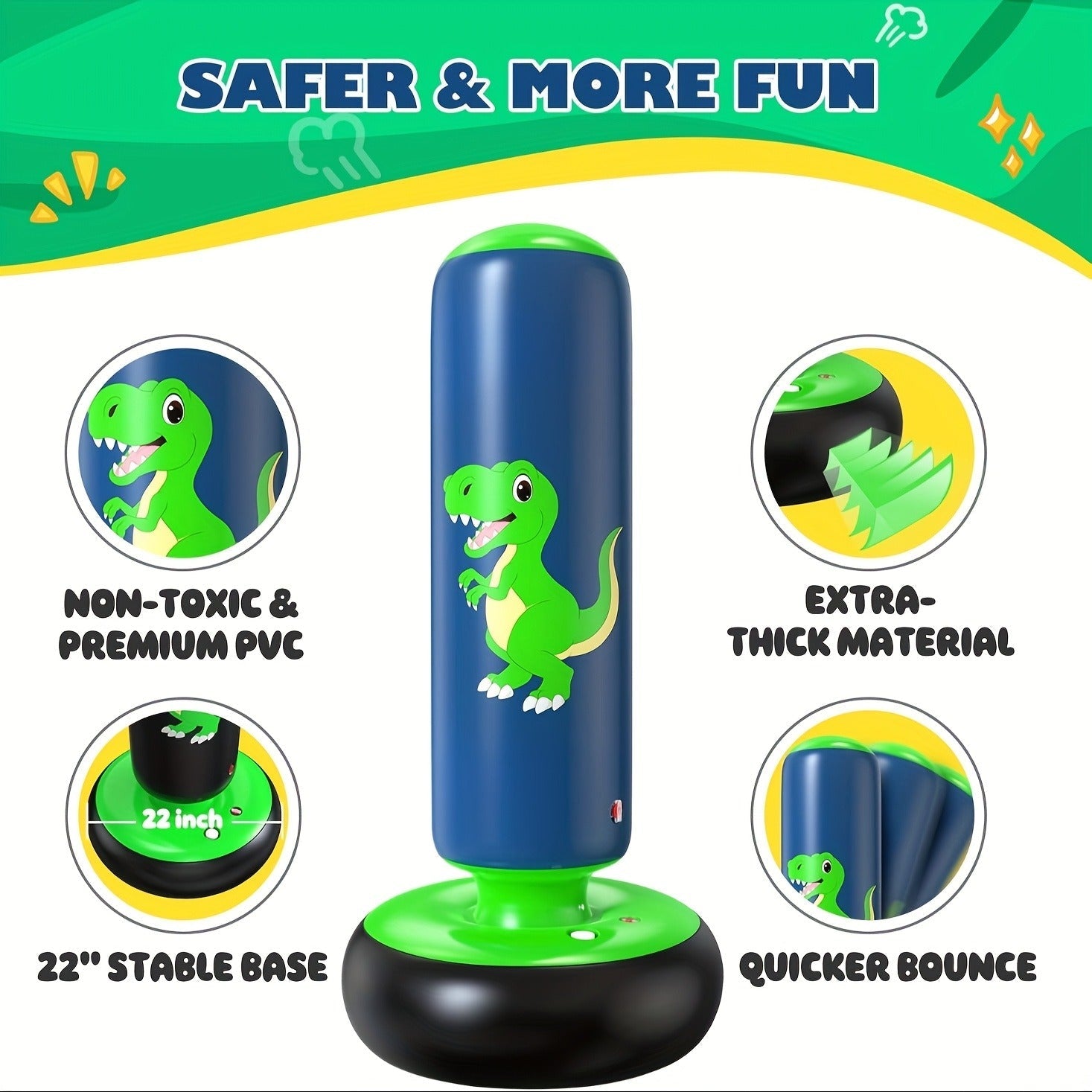 Kids Inflatable Punching Bag 48 Inch Dinosaur Bop Bag Toy for Boys Girls Ages 3-12 Boxing Training Karate Practice Gift
