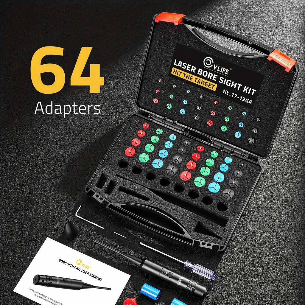 Red Laser Bore Sight Kit with 64 Adapters | Professional Multi-Caliber Boresighter for .17 to 12GA Rifles, Pistols & Handguns – Color-Coded Adapters, 40-Hour Battery & Portable Case Included